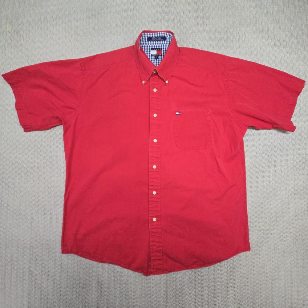 Tommy Hilfiger Shirt Mens Large Red Solid Short Sleeve Button Down Pocket Cotton